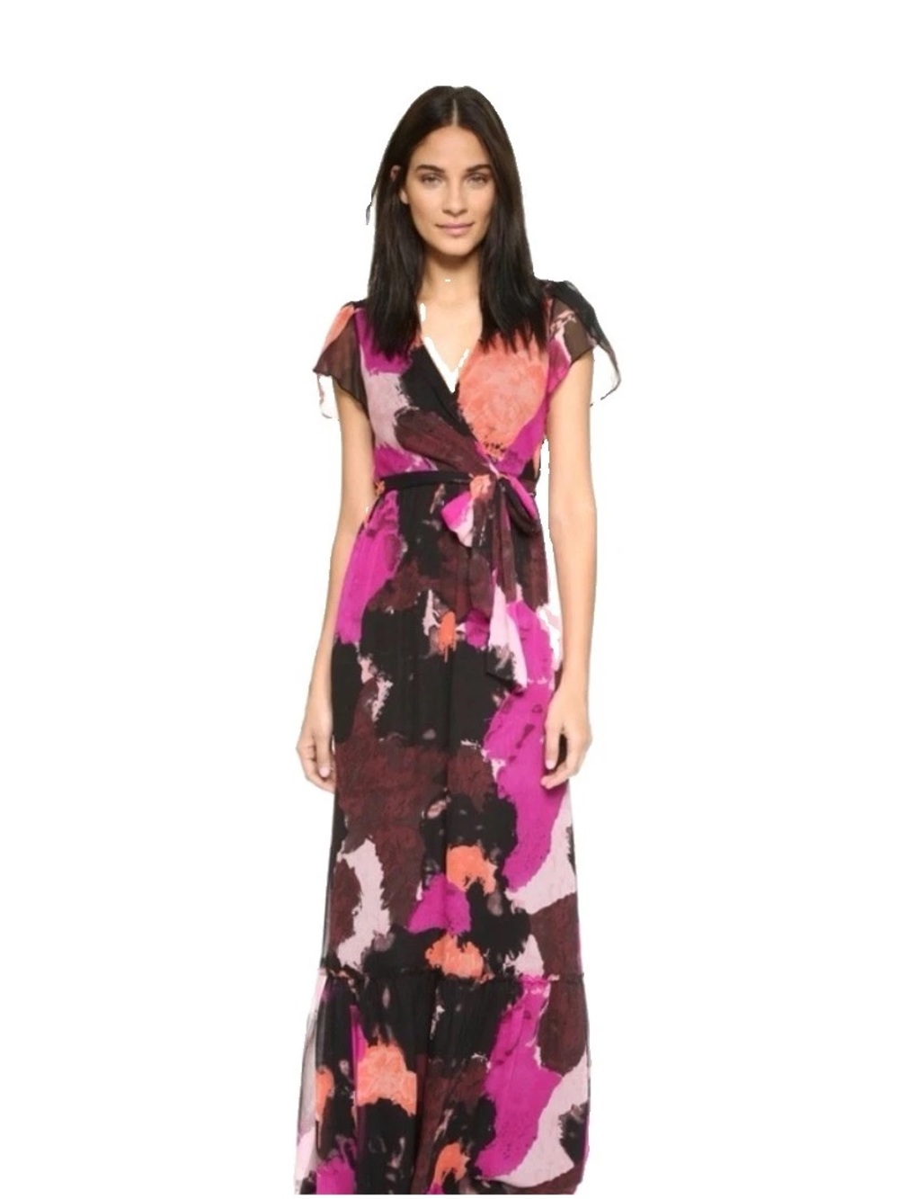 DIANE VON FURSTENBERG Dress 6 Melania Multi Pink Black Short Sleeve Maxi Silk